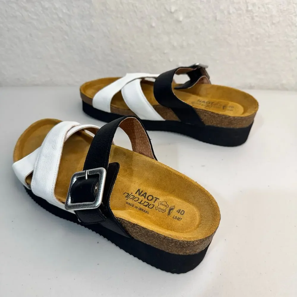 NAOT Juliette Platform Slide Sandal Soft Black & White Leather Straps Women’s 9